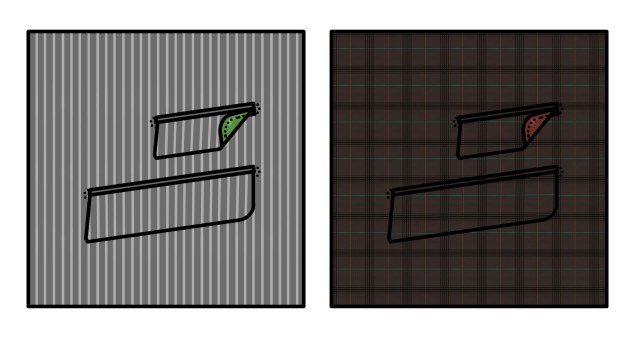 Travaux pratiques de poches côtés, en flanelle grise rayée à la craie, doublure de satin vert fougère puis prince de galles marron à carreaux fenêtres, doublure rouge brique.